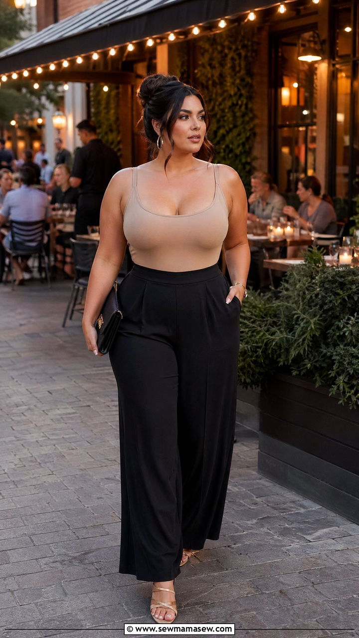 Palazzo Pants with Fitted Bodysuit and Heeled Sandals - 35 casual outfits for curvy women