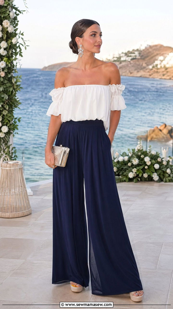 Palazzo Pants with Off the Shoulder Blouse - 35 summer engagement party outfit ideas