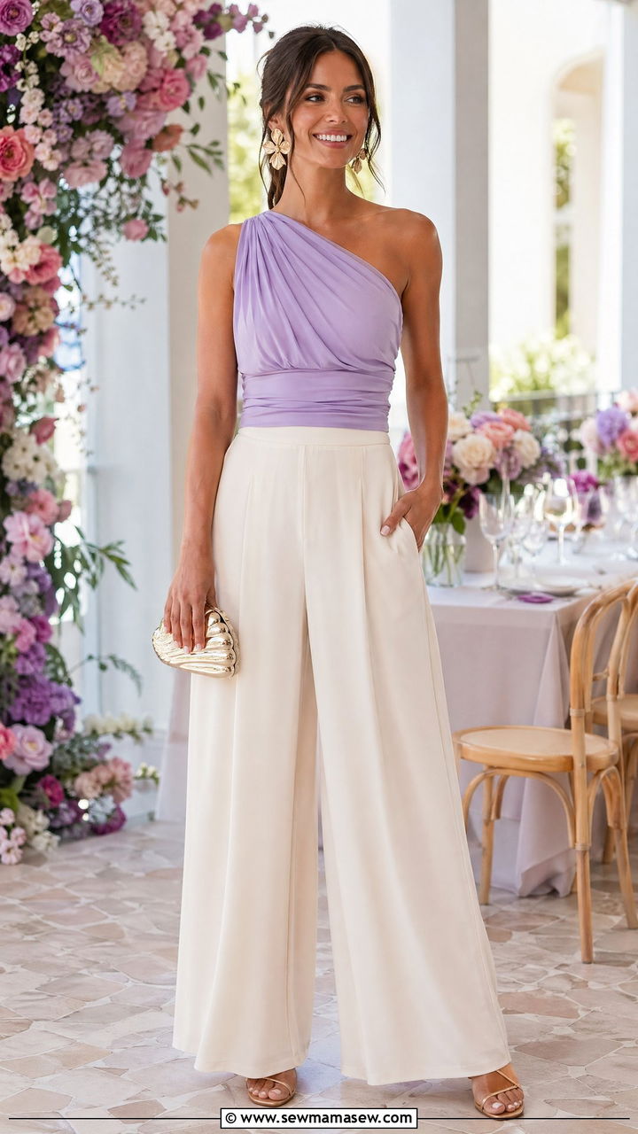 Palazzo pants with one shoulder top - 35 summer bridal shower outfit ideas