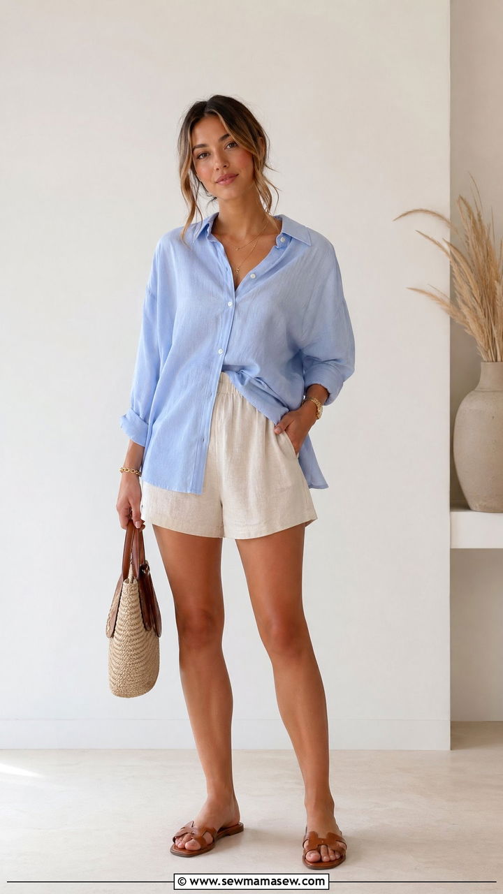 Pale Blue Button Down Shirt and Cream Linen Shorts - 35 summer soft girl outfit ideas