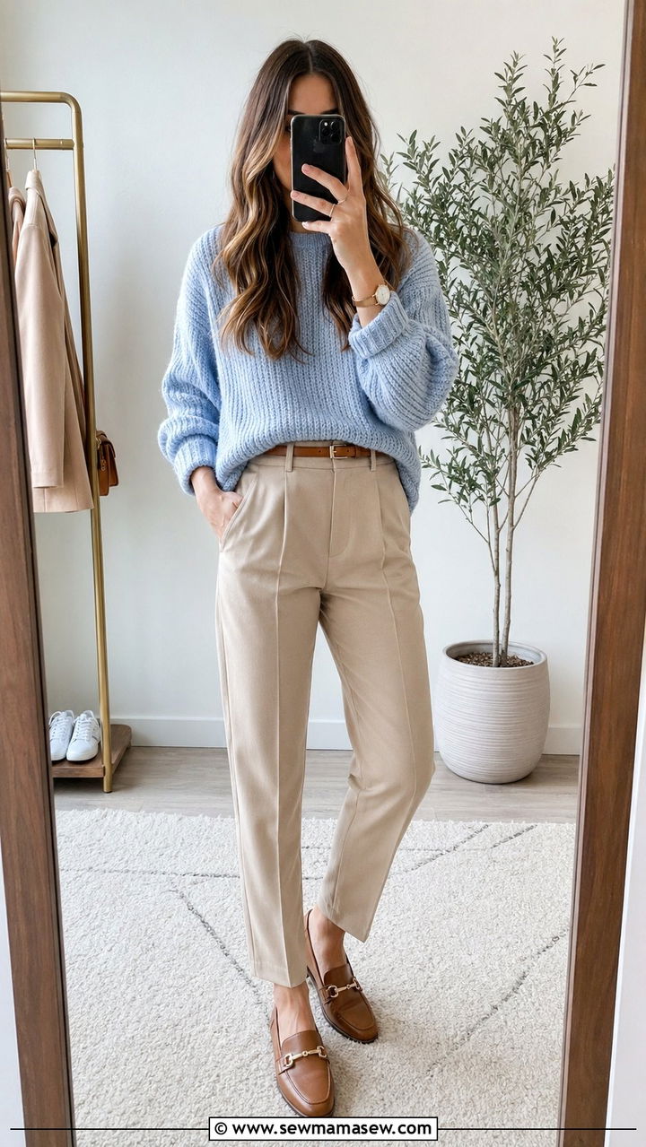 Pale Blue Chunky Knit Sweater With Beige Trousers - 35 pale blue outfit ideas