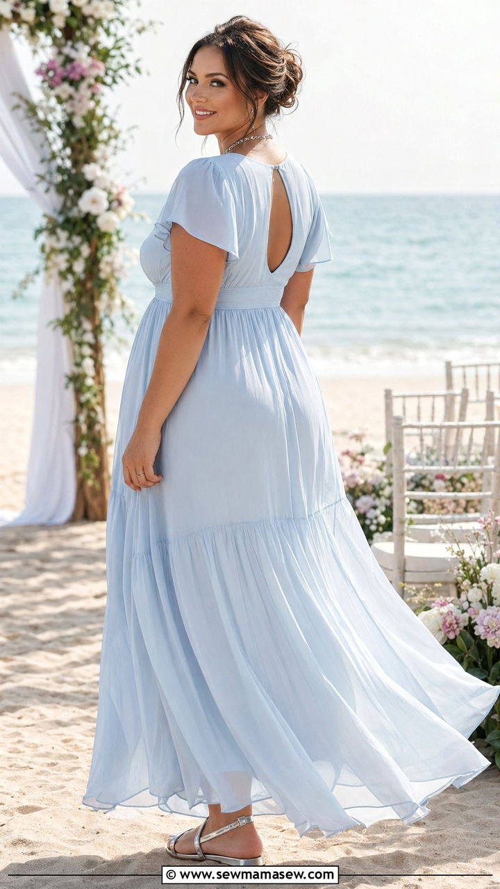 Pale Blue Empire Waist Maxi Dress With Silver Sandals - 30 wedding guest outfits for apple shaped body