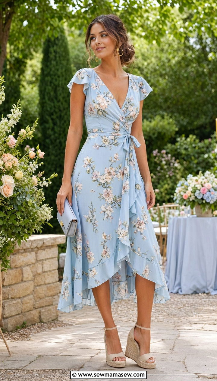 Pale Blue Floral Wrap Dress With Wedge Heels - 35 pale blue outfit ideas