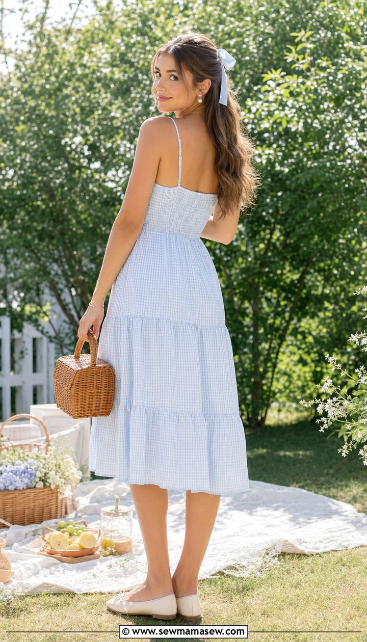 Pale Blue Gingham Dress With Ballet Flats - 35 pale blue outfit ideas