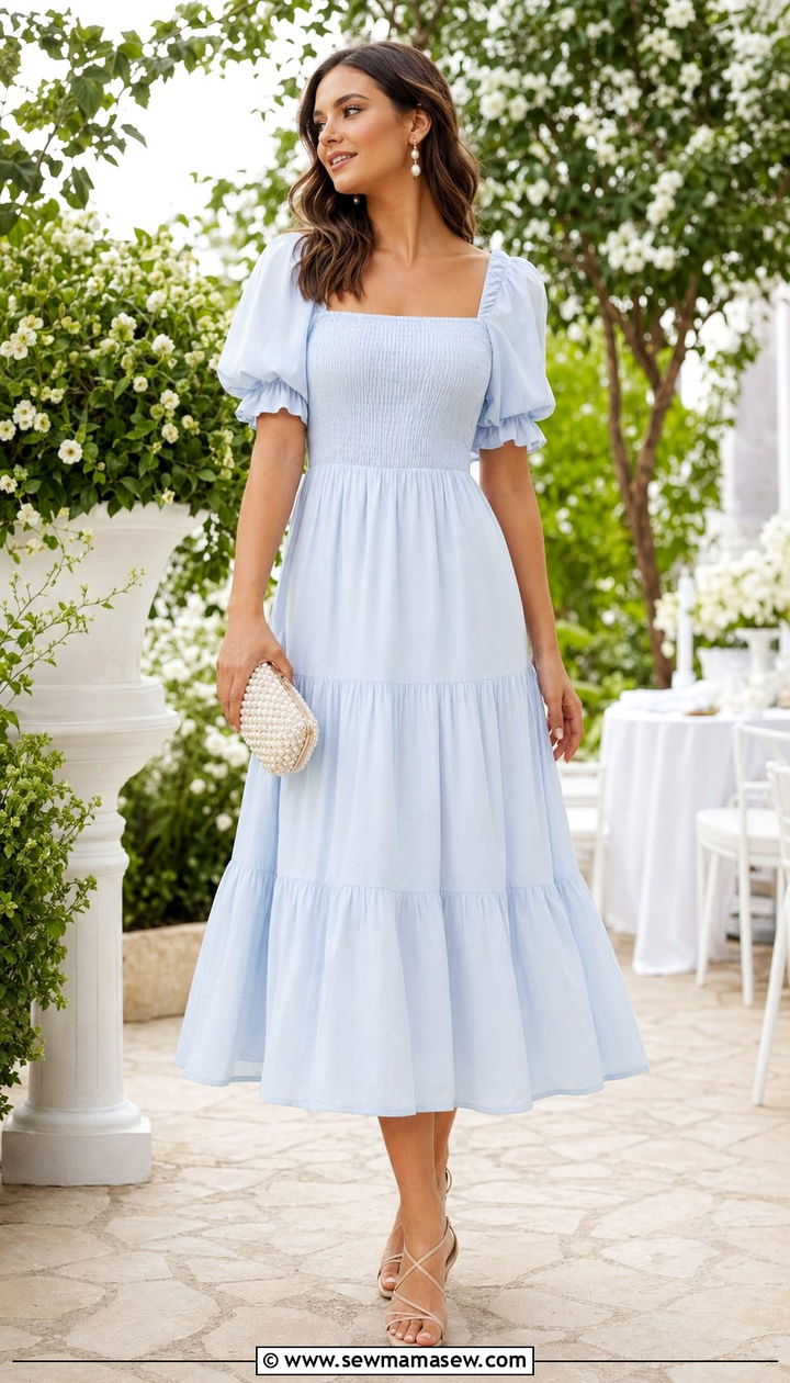 Pale Blue Midi Dress With Nude Heels - 35 pale blue outfit ideas
