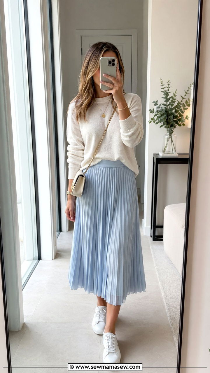 Pale Blue Pleated Skirt With Lightweight Sweater - 35 pale blue outfit ideas