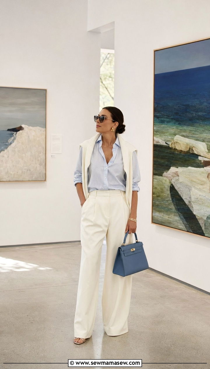 Pale Blue Shirt with Ivory Trousers and Sweater Draped - 35 Old money outfit ideas for vacation