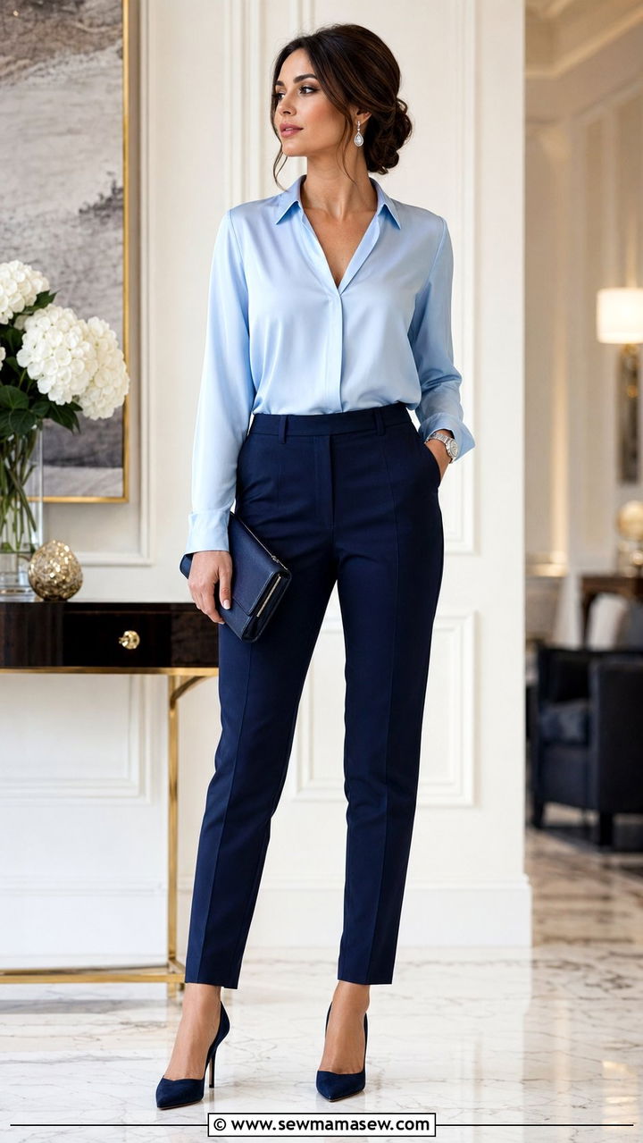 Pale Blue Silk Blouse With Navy Trousers - 35 pale blue outfit ideas