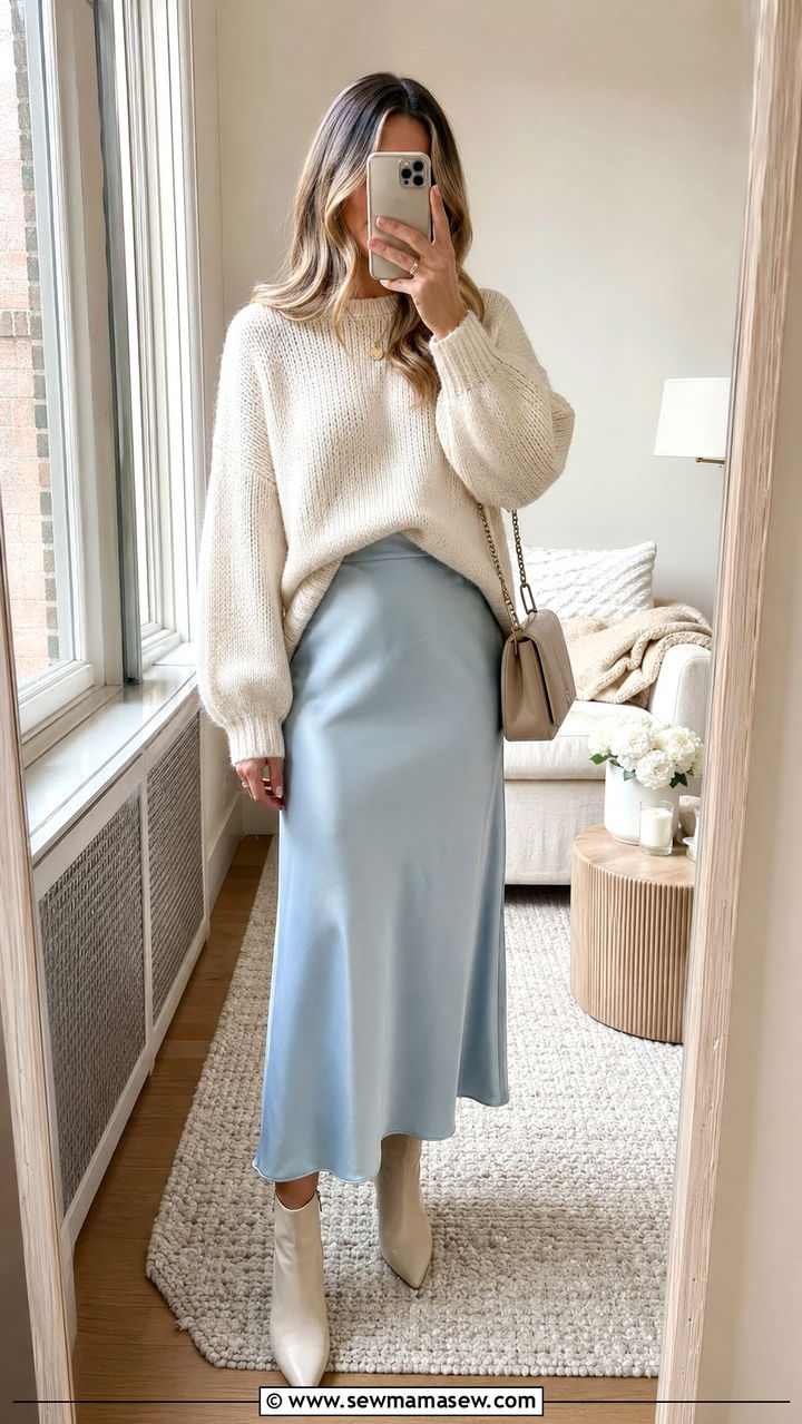 Pale Blue Slip Skirt With Oversized Sweater - 35 pale blue outfit ideas