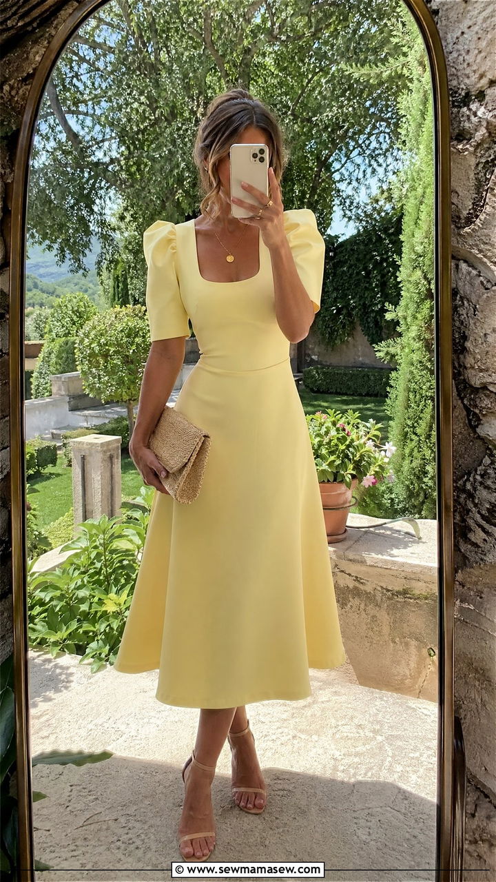 Pale Yellow A Line Crepe Midi Dress - 35 wedding guest outfit ideas for women