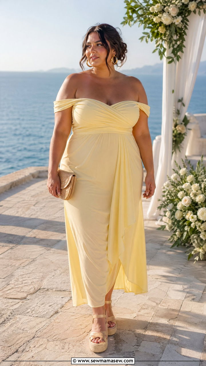 Pale yellow off shoulder maxi dress with espadrille wedges - 35 Wedding guest outfits for curvy women