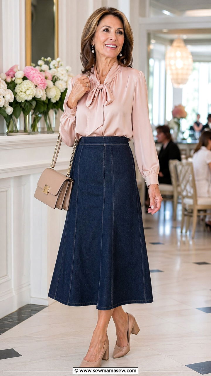 Panel denim midi skirt with blouse - 35 Skirt outfit ideas for women over 50