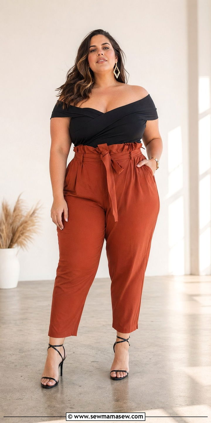 Paper Bag Pants And Off Shoulder Top Summer Outfit - 35 Plus size outfit ideas size 20 summer