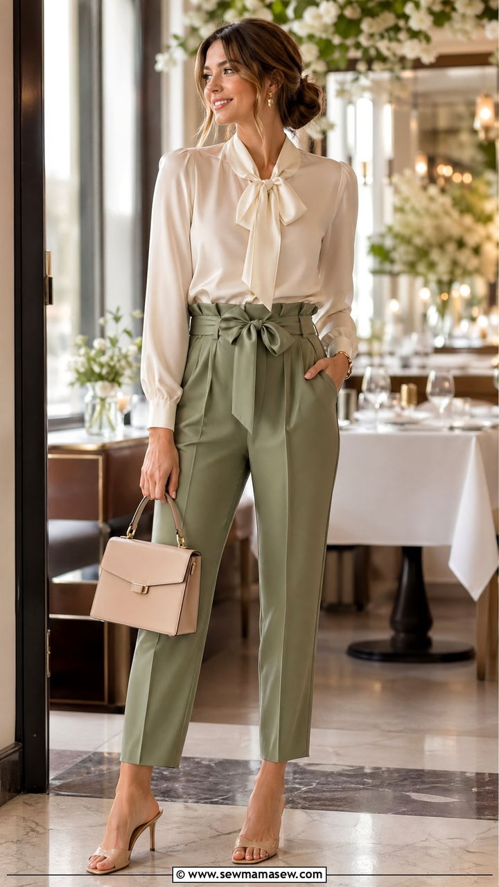 Paper bag waist trousers with silk blouse outfit - 35 classy spring outfit ideas