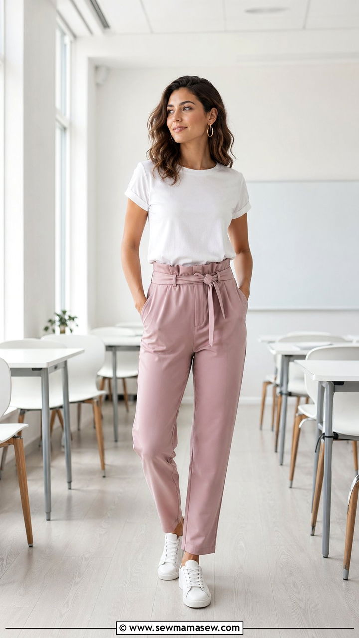 Paperbag Pants and Tucked In Tee Outfit - 30 Back to school outfit ideas aesthetic 2026