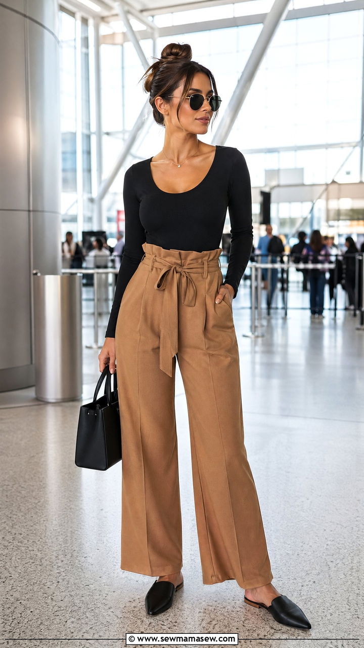 Paperbag Waist Pants with Bodysuit - 35 Comfy airport outfit ideas