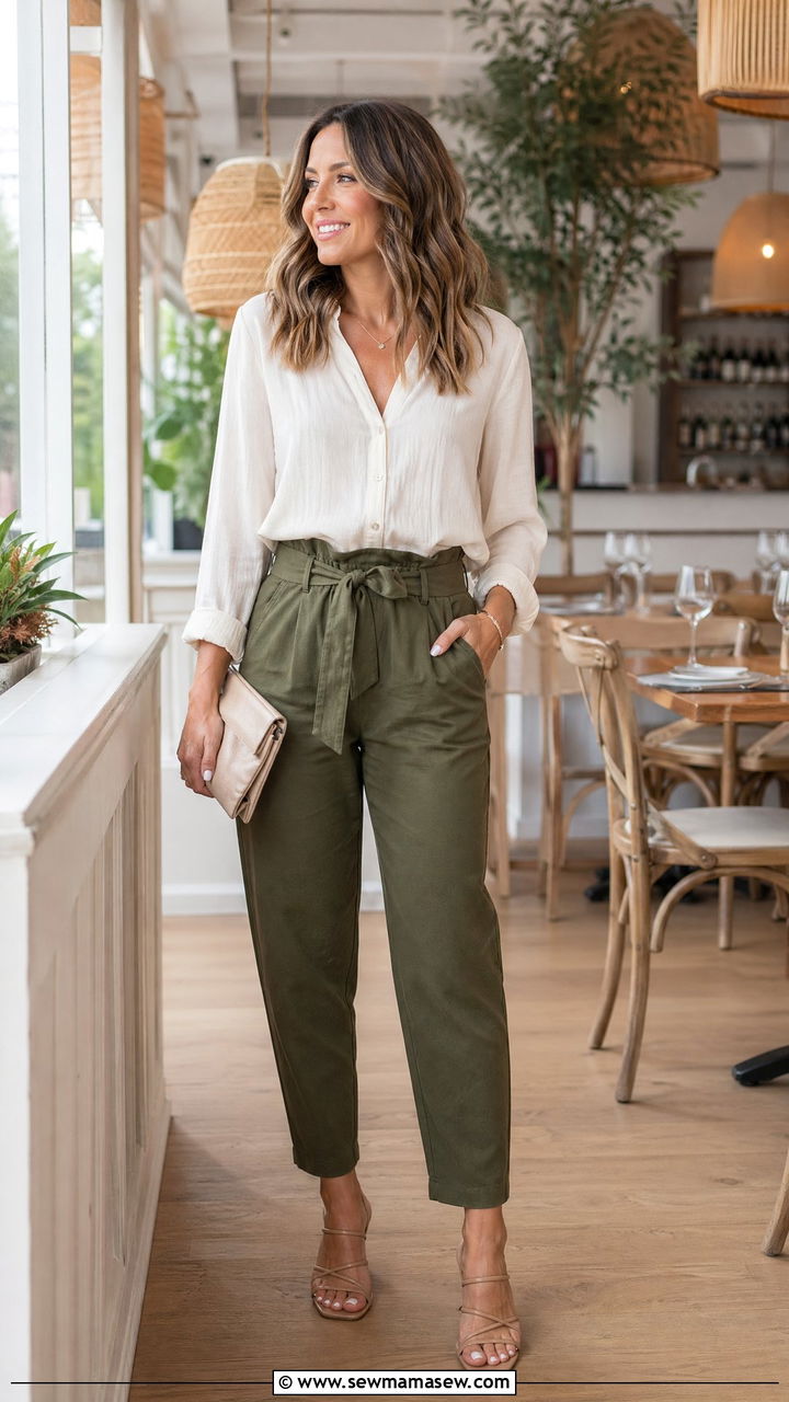 Paperbag Waist Pants with a Tucked In Blouse - 35 Spring outfit ideas for mom