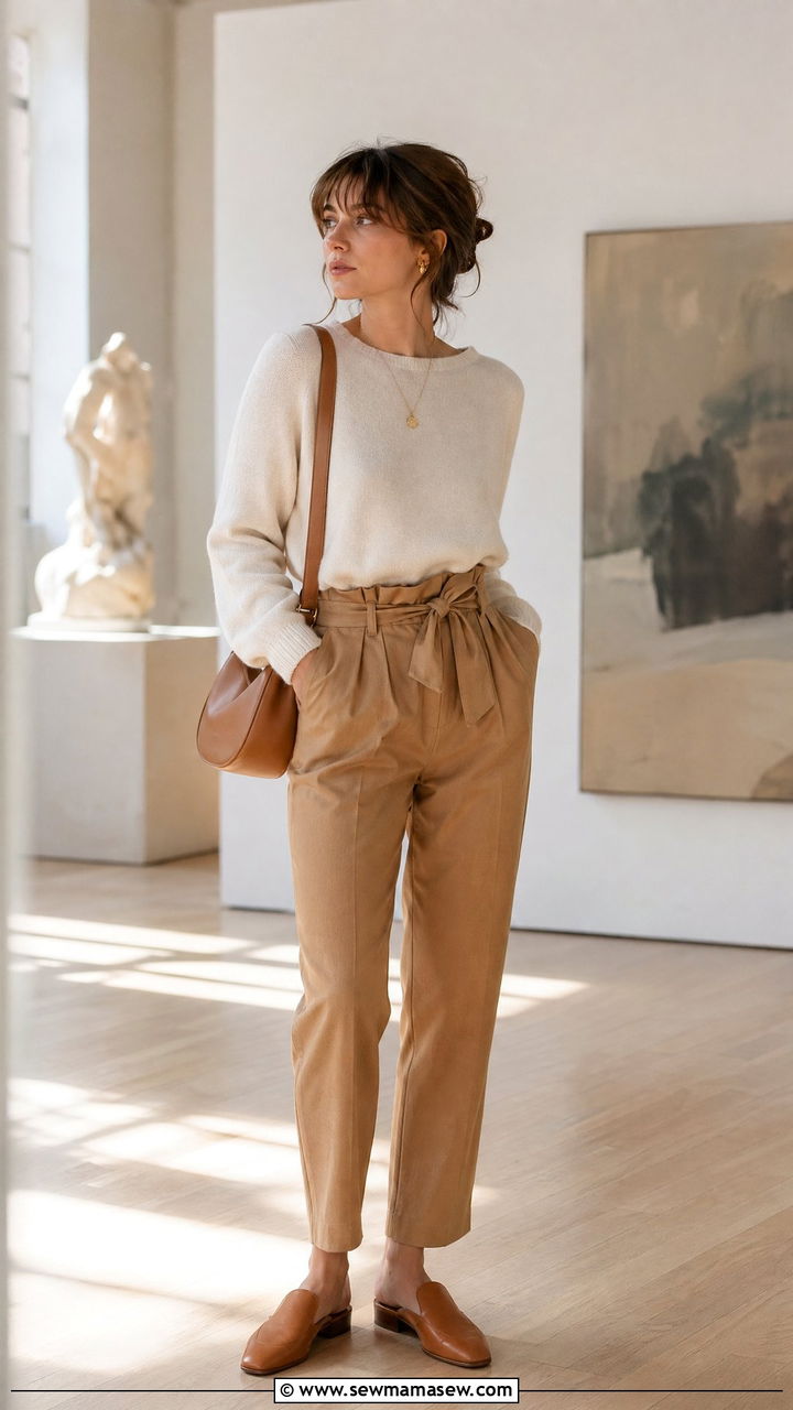 Paperbag Waist Trousers With Tucked Fine Knit Sweater And Mules - 35 spring french girl outfits