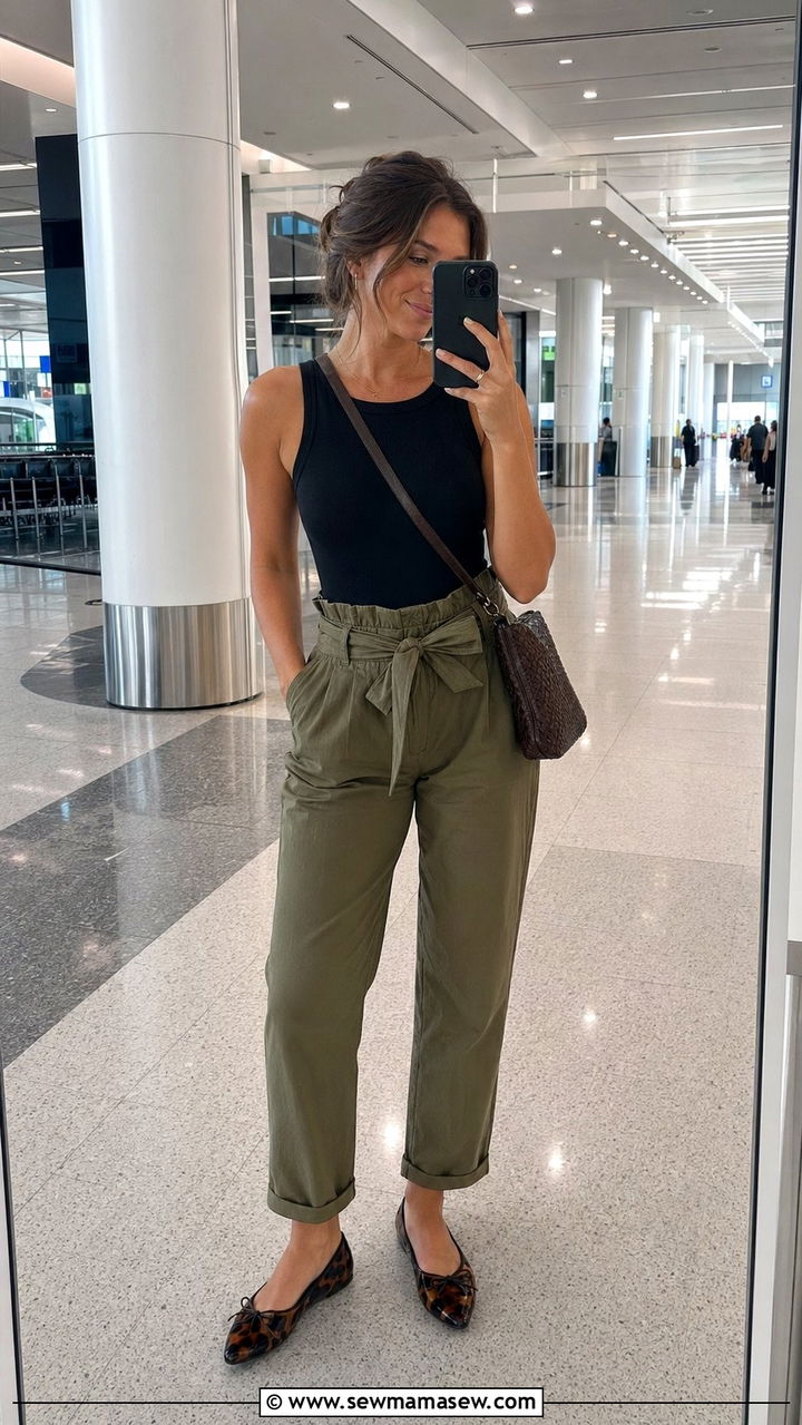 Paperbag pants with bodysuit and ballet flats - 30 Airport outfit ideas with ballet flats