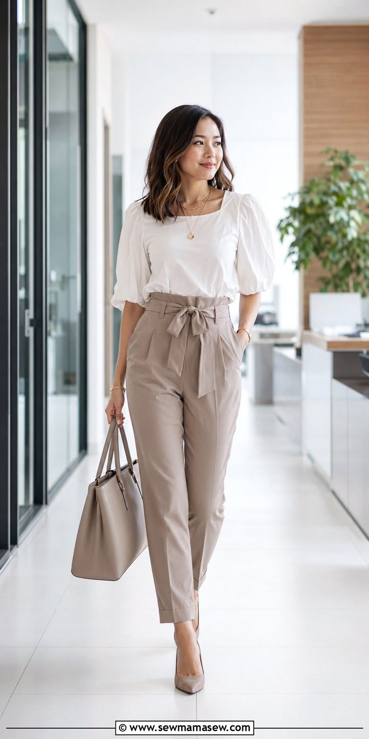 Paperbag waist pants with a puff sleeve blouse - 30 work outfits for short women