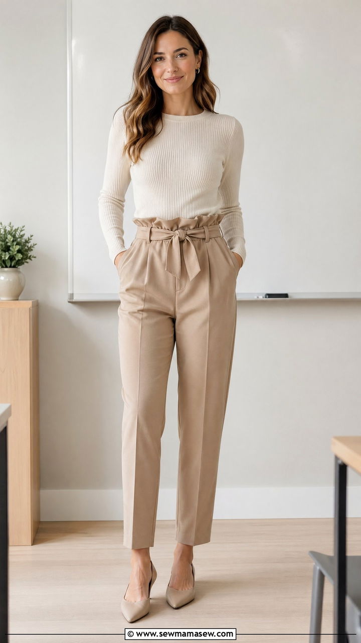 Paperbag waist trousers with fitted knit and flats - 35 spring teacher outfit ideas