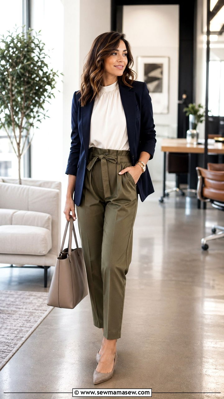 Paperbag waist trousers with sleeveless blouse and blazer - 35 Modest outfit ideas for office