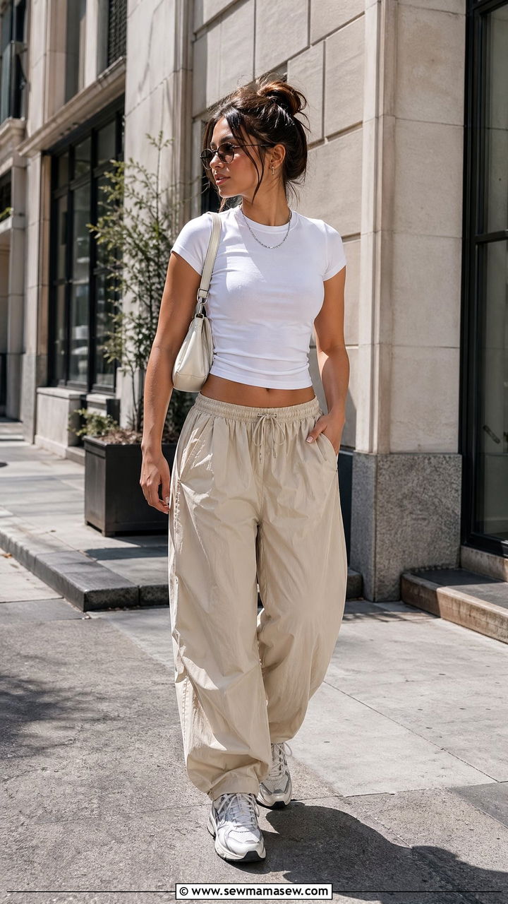 Parachute Pants And Fitted Tee Walking Outfit - 35 walking outfit ideas for women