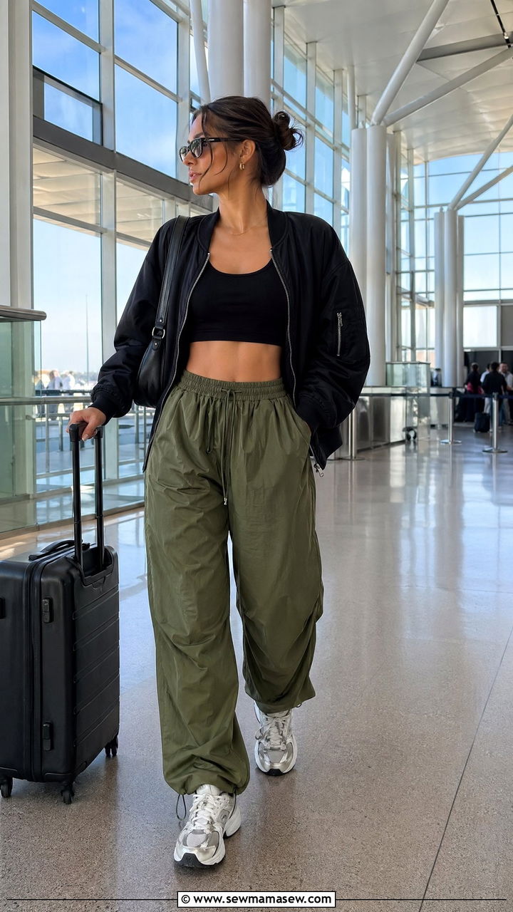 Parachute Pants with Crop Top and Bomber Jacket - 35 what to wear to the airport