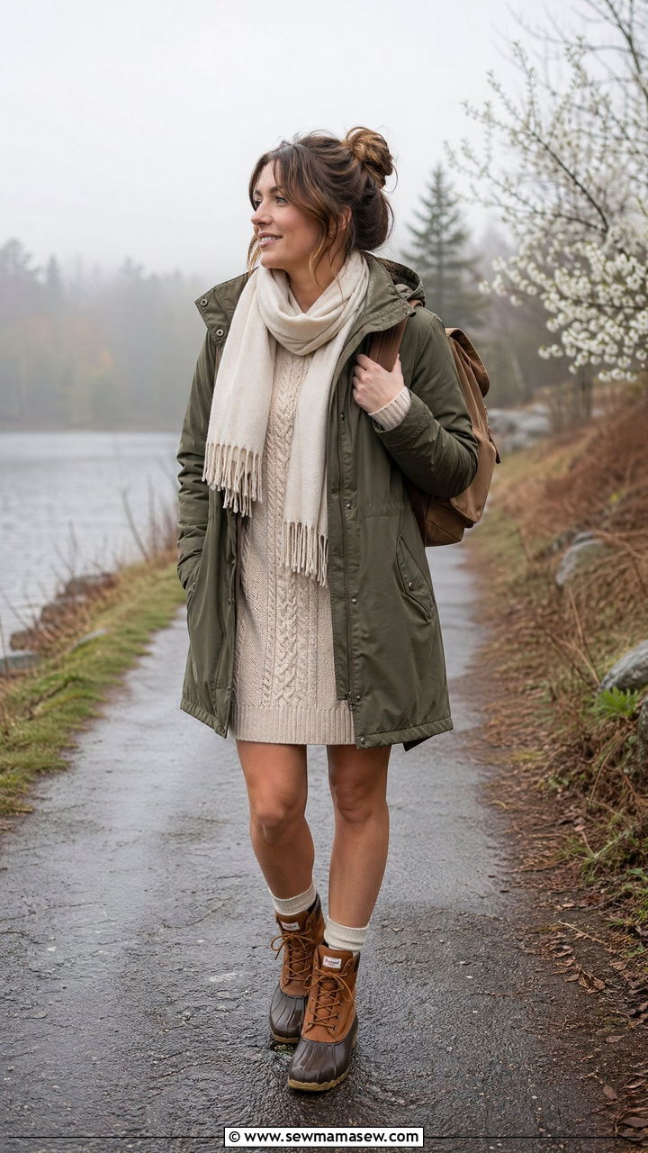 Parka With Sweater Dress And Waterproof Boots - 35 Cold spring outfits