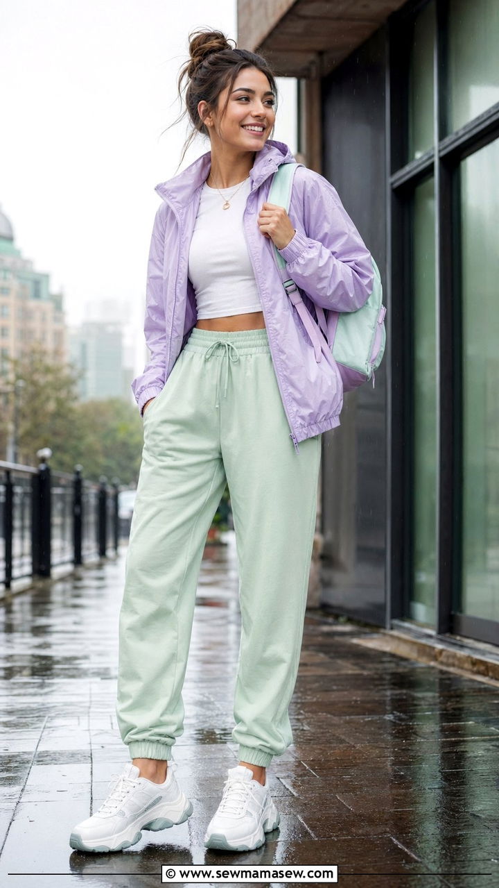 Pastel Athleisure Rain Outfit With Windbreaker - 35 Rainy spring outfits