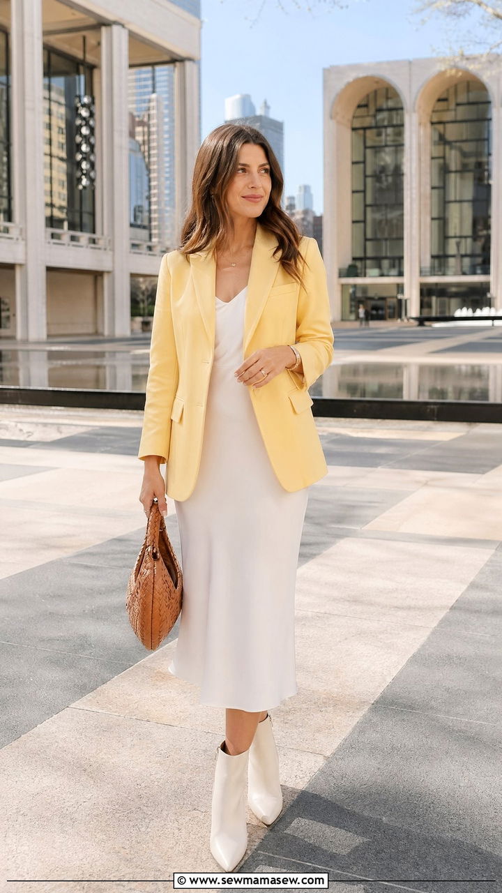 Pastel Blazer With Breezy Midi Dress - 35 Spring New York outfit ideas