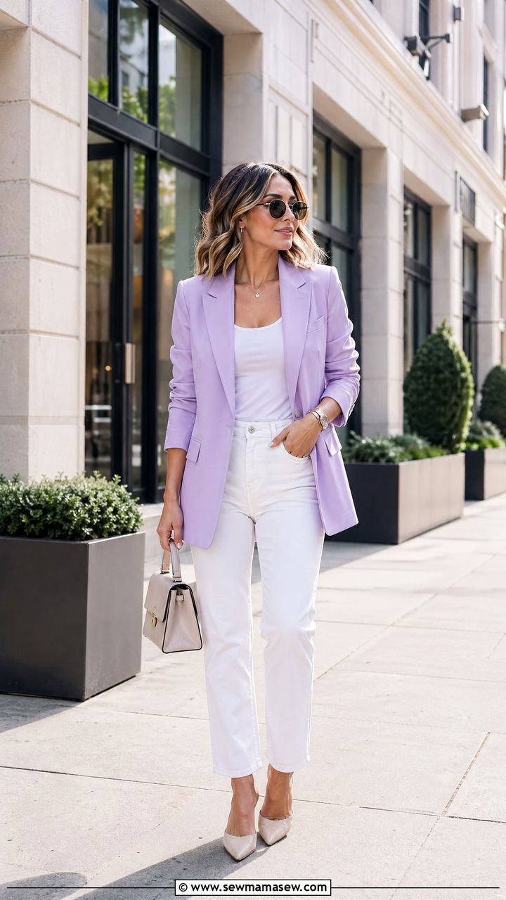 Pastel Blazer With White Straight Leg Jeans and Pointed Toe Mules - 35 Spring transition outfits