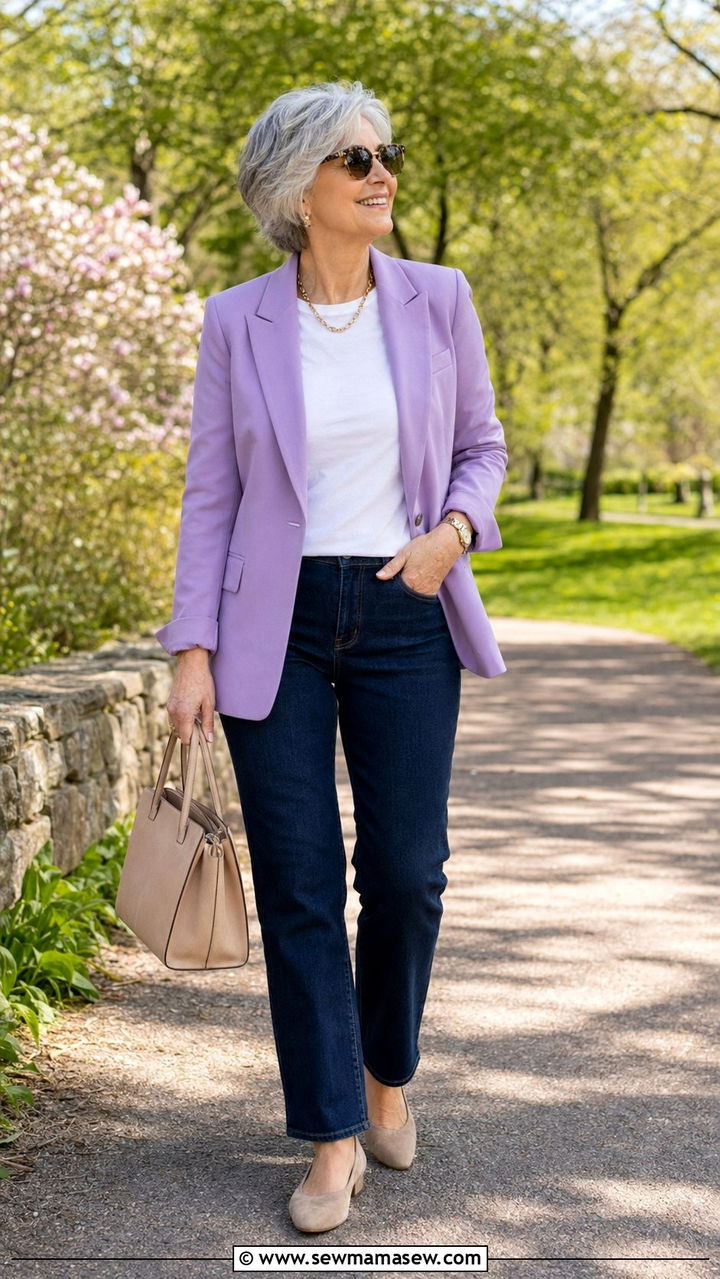 Pastel Blazer with Dark Denim Outfit - 30 Best blazers for women over 60