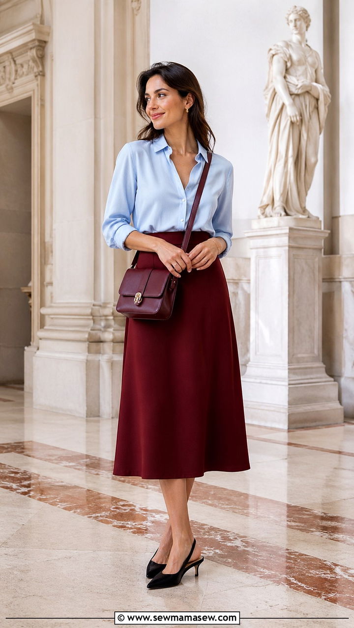 Pastel Blue Blouse with Burgundy Midi Skirt - 30 spring color blocking outfit ideas
