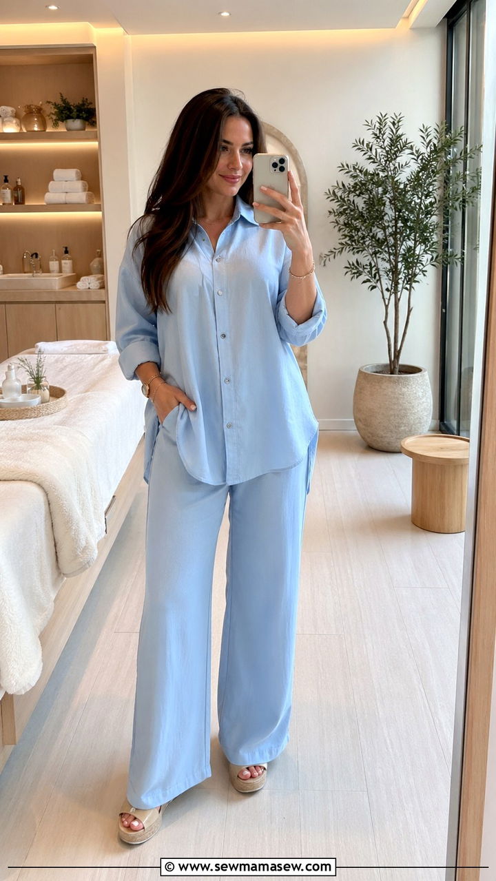 Pastel Blue Button Down Tunic and Wide Leg Pants Outfit - 30 Spa esthetician outfit ideas