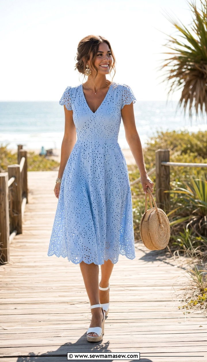 Pastel Blue Eyelet Lace Dress Wedding Guest Outfit - 35 Pastel wedding guest outfits
