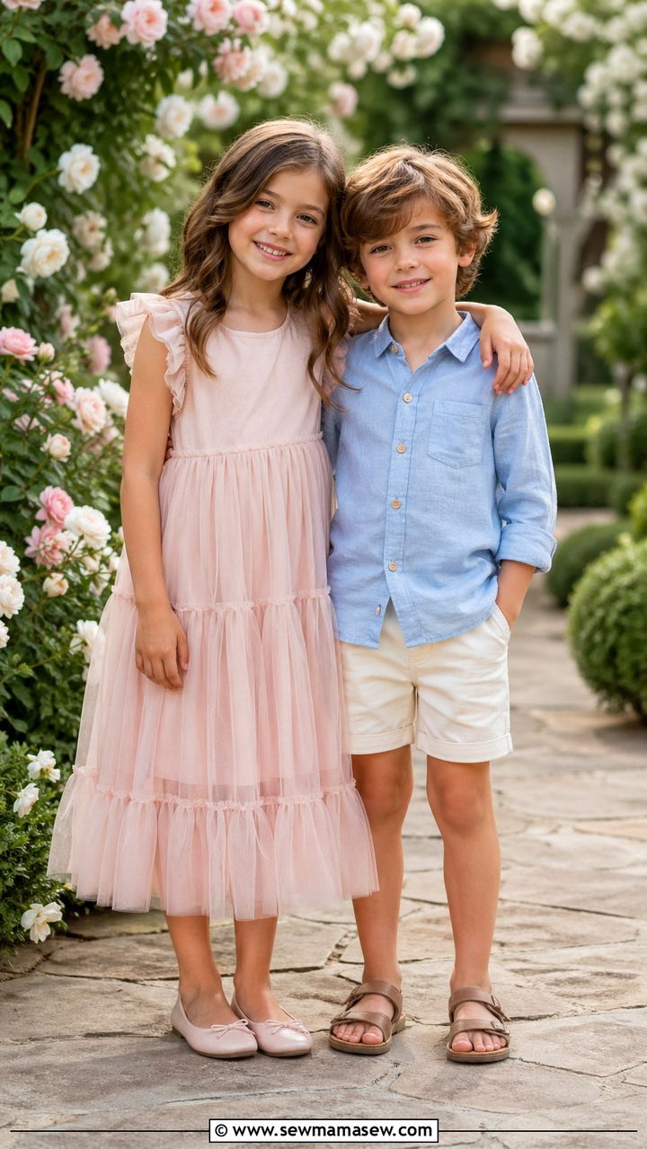 Pastel Blue and Blush Pink Sibling Coordination - 30 Sibling photoshoot outfit ideas