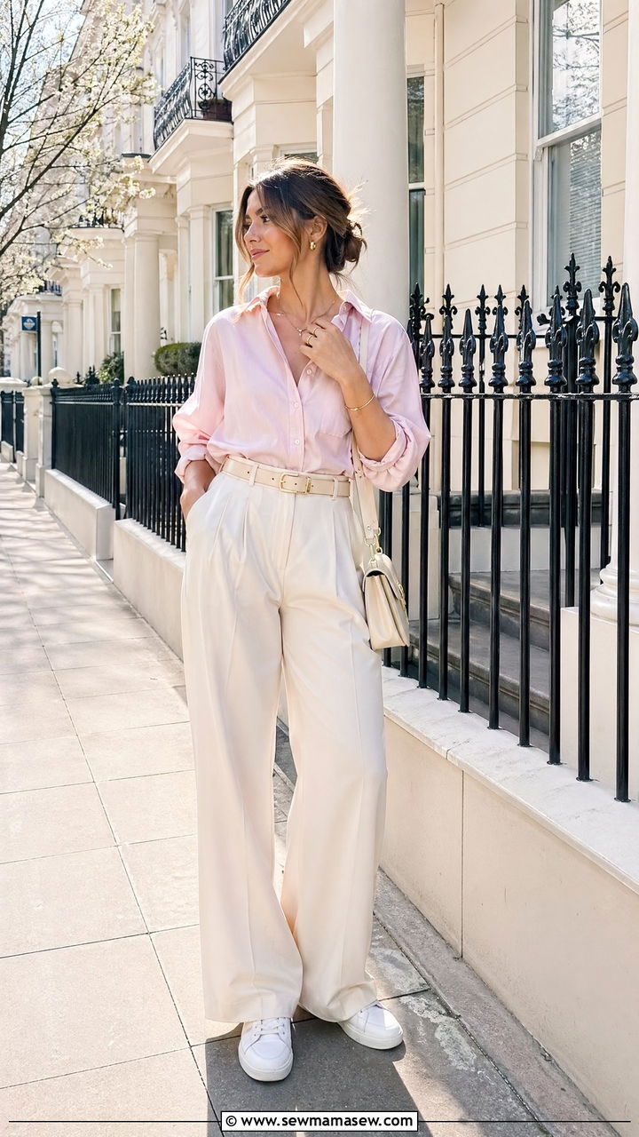 Pastel Button Down Shirt With Loose Tailored Trousers - 35 spring soft girl outfit ideas