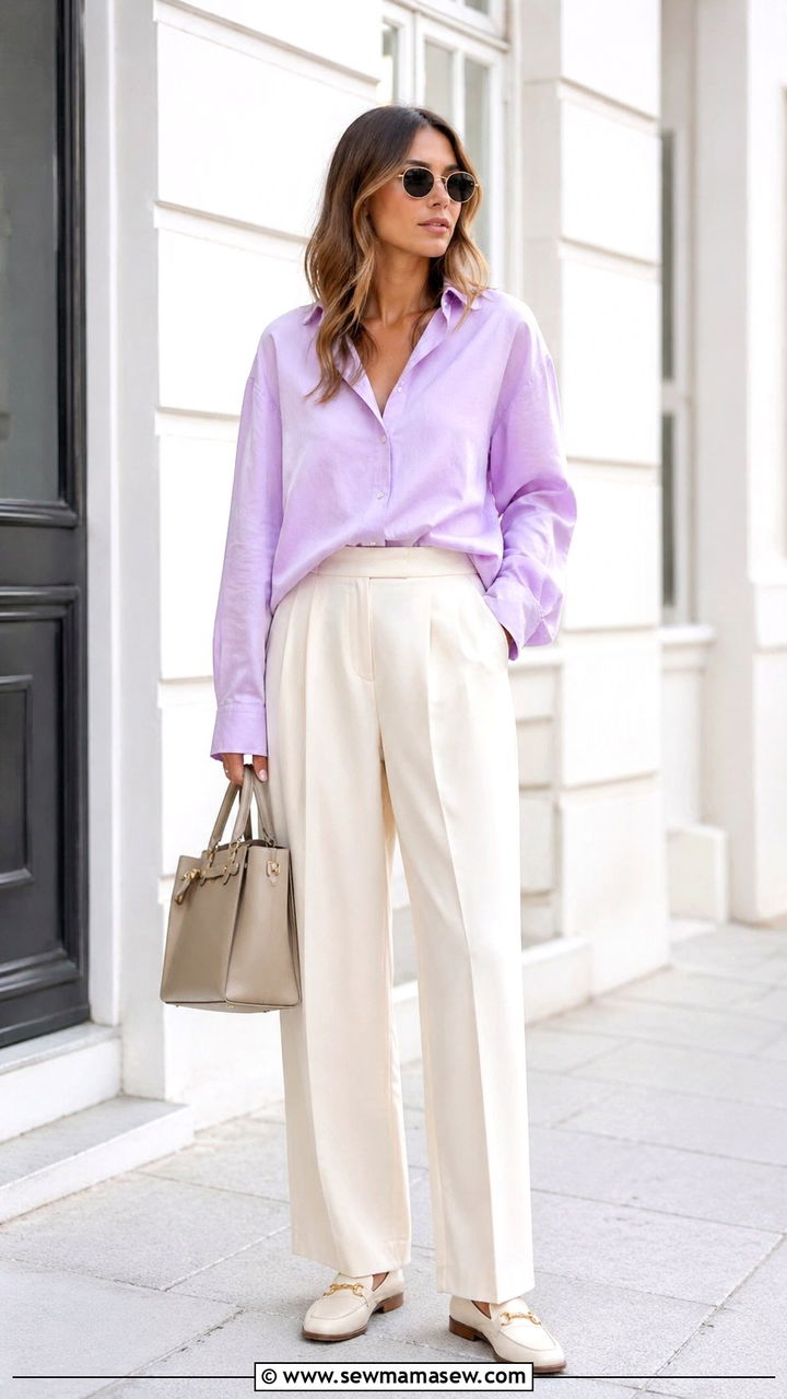 Pastel Button Down Shirt With Loose Tailored Trousers - 30 Soft girl spring outfits