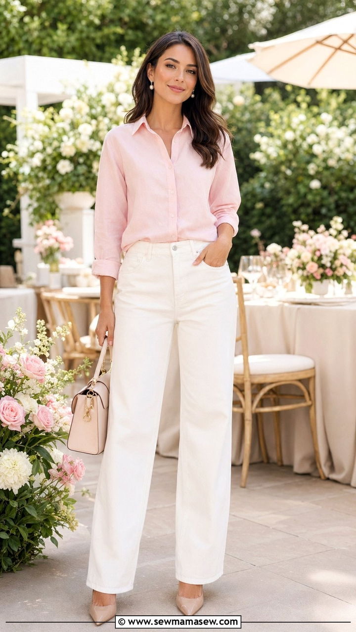 Pastel Button Down with White Baggy Jeans and Nude Heels - 30 Baggy jeans outfit ideas with a button down
