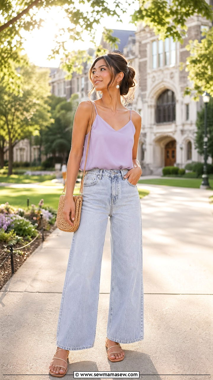 Pastel Cami Top with Wide Leg Jeans Outfit - 35 Summer outfits for college girls