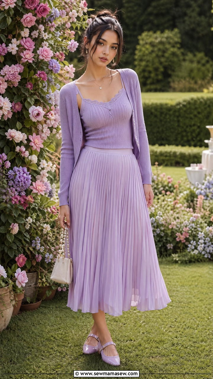 Pastel Cardigan Set with a Pleated Midi Skirt and Mary Janes - 35 y2k outfits for women