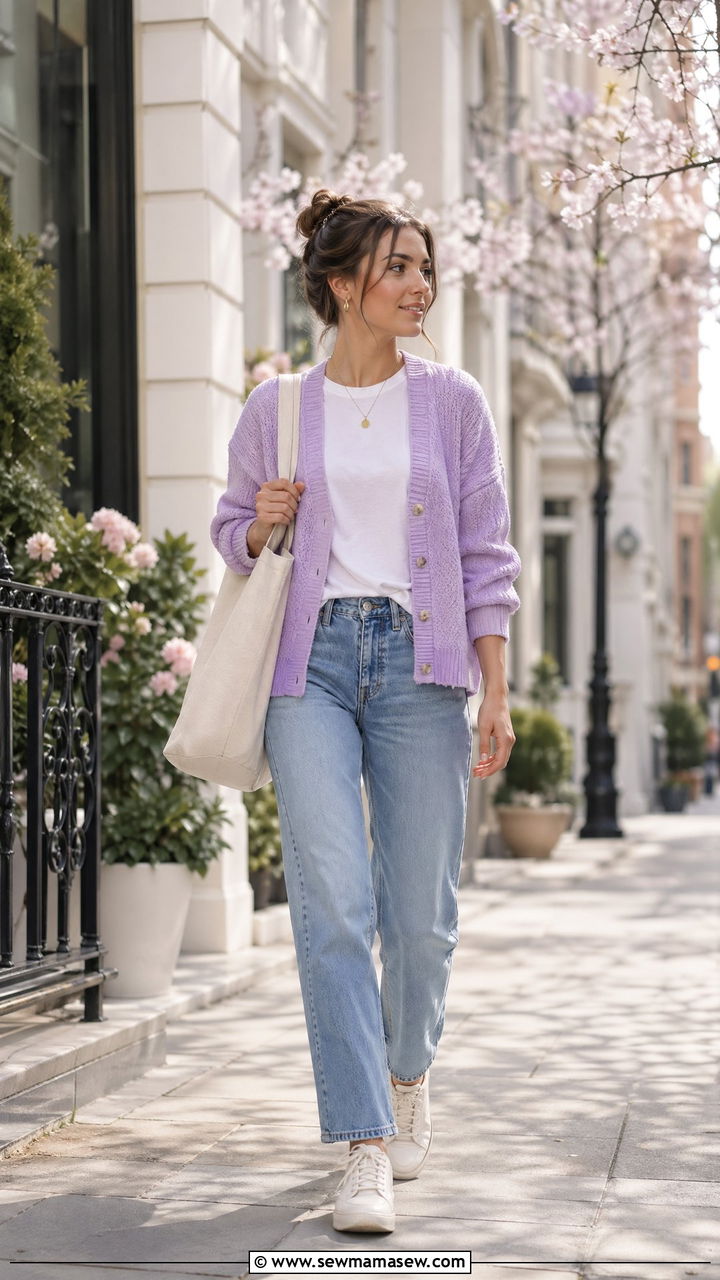 Pastel Cardigan With Straight Leg Jeans - 35 Spring travel outfit ideas 2026