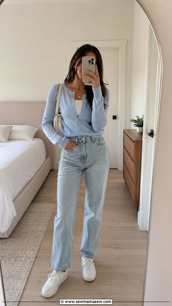 Pastel Cardigan and High Waisted Jeans Outfit - 35 spring outfit ideas casual