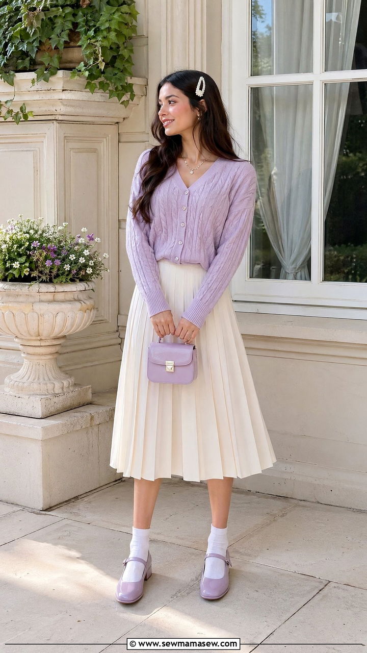 Pastel Cardigan with Pleated Skirt and Mary Janes - 35 cute outfits for women