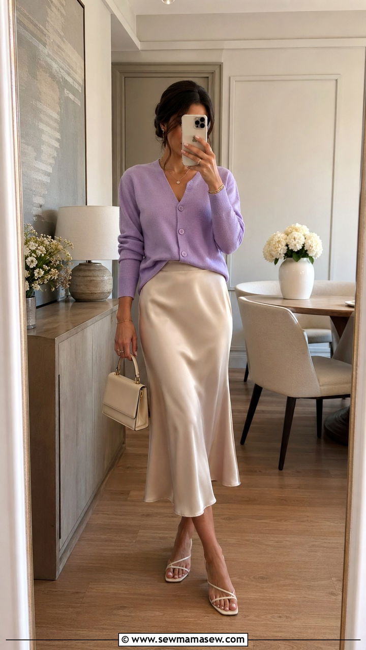 Pastel Cardigan with Satin Slip Skirt - 30 spring light sweater outfit ideas