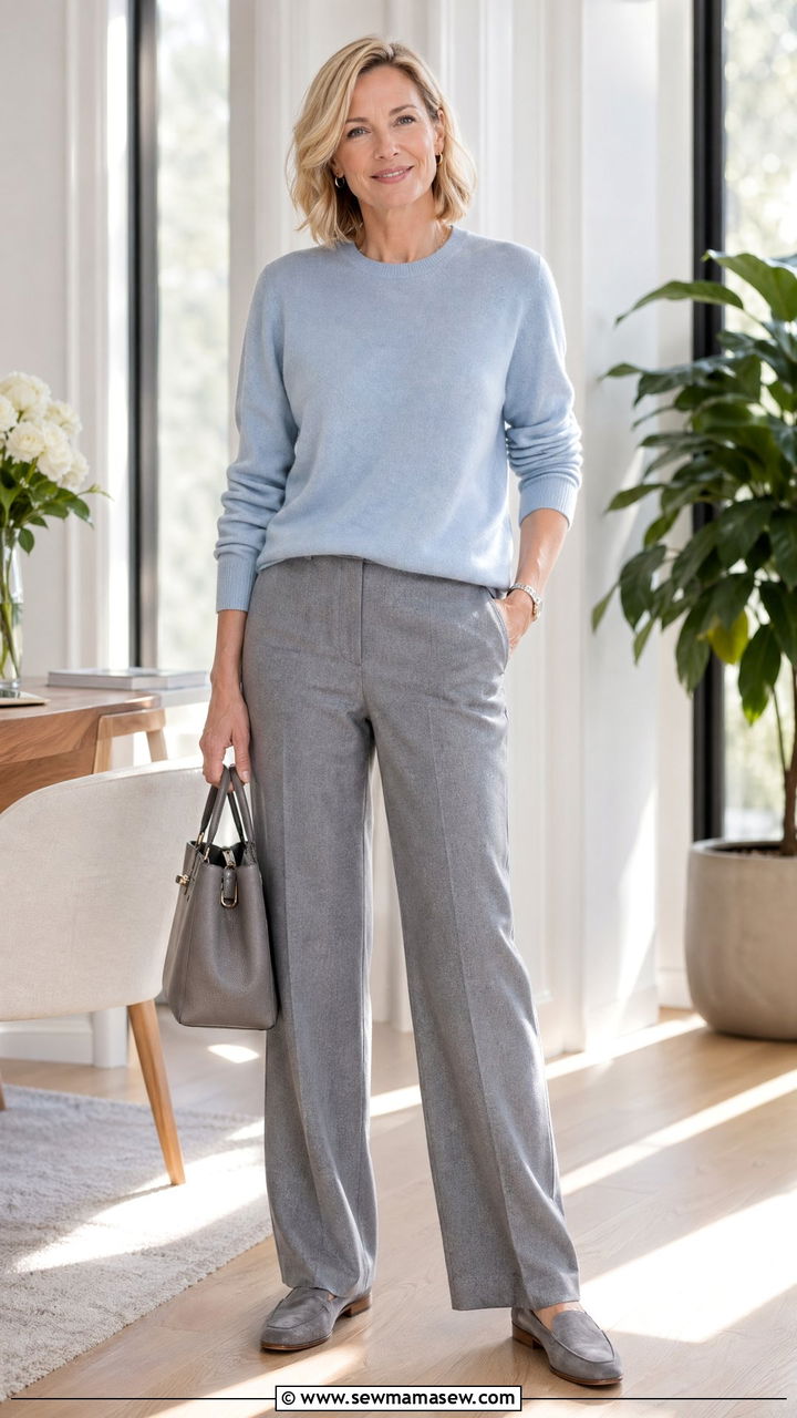 Pastel Cashmere Crewneck with Grey Flannel Trousers - 35 Classy outfits for mature women