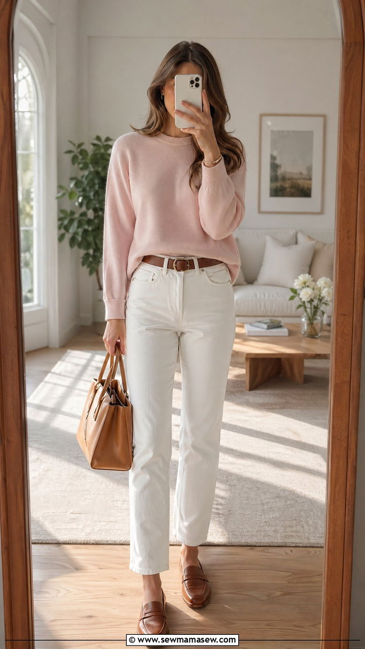 Pastel Cashmere Sweater With White Jeans And Penny Loafers - 35 spring old money outfits