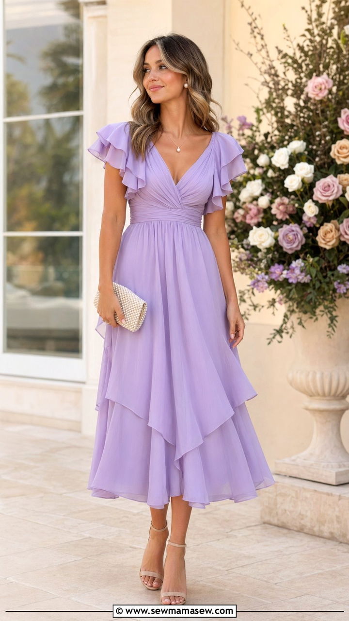 Pastel Chiffon Dress With Pearl Accessories - 30 Wedding guest outfits for hot weather