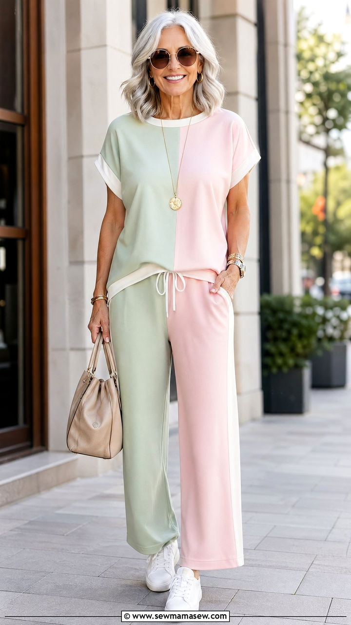 Pastel Color Block Matching Set With White Sneakers - 35 Vacation outfits for women over 50